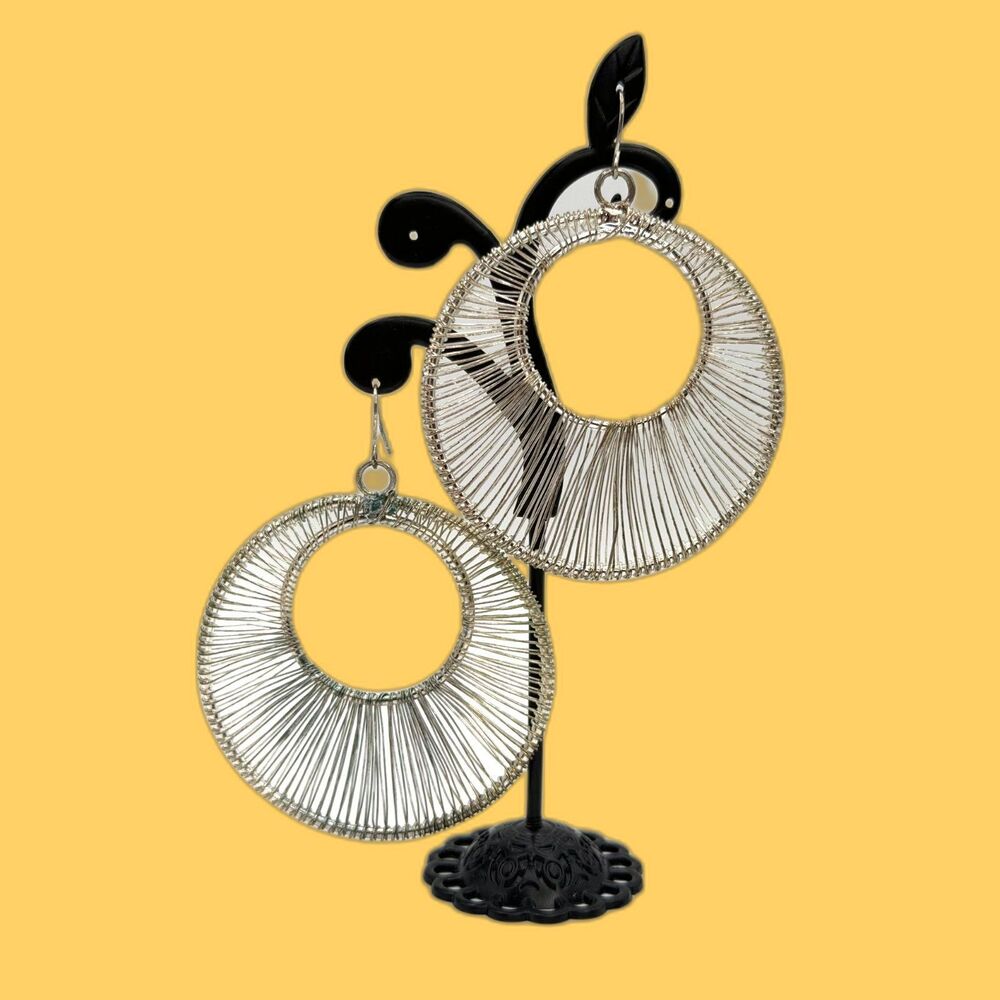Silver Tone Openwork Circle Dangle Earrings Large 2' Boho Statement